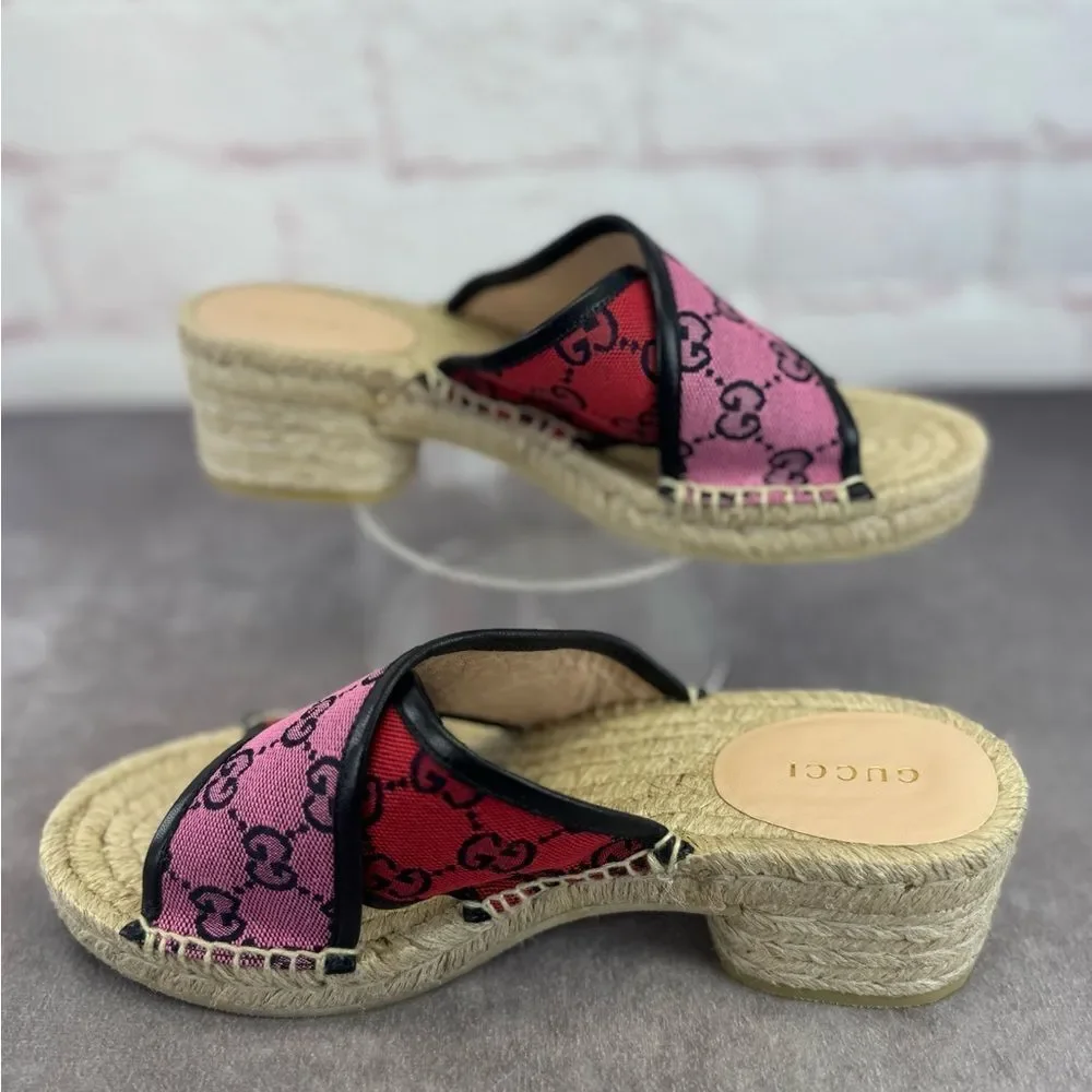 Gucci Multicolor Criss Cross Strap Red and Pink Espadrille Sandals Slides 37